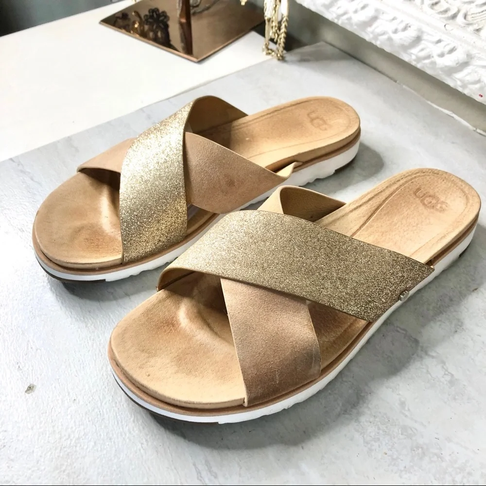 UGG Rose Gold Glitter Crisscross Slide Sandals